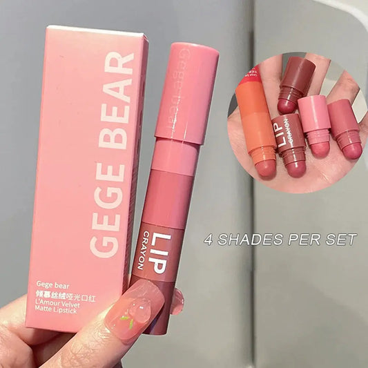 Gege Bear 4 in 1 Velvet Matte Crayon Lipstick Super Stay Makeup Pink Red Long Wear Waterpoof Non-Stick Cup Tiny Lip Stick dermacollagene.com