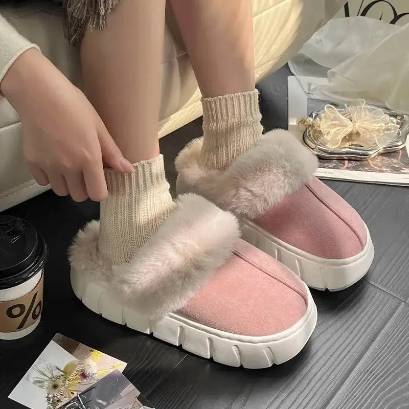 New Women Indoor Fluffy Slippers Thick Sole Winter Warm Shoes For Couples Soft Fur Keep Warm Female Male House Floor Slipper dermacollagene.com