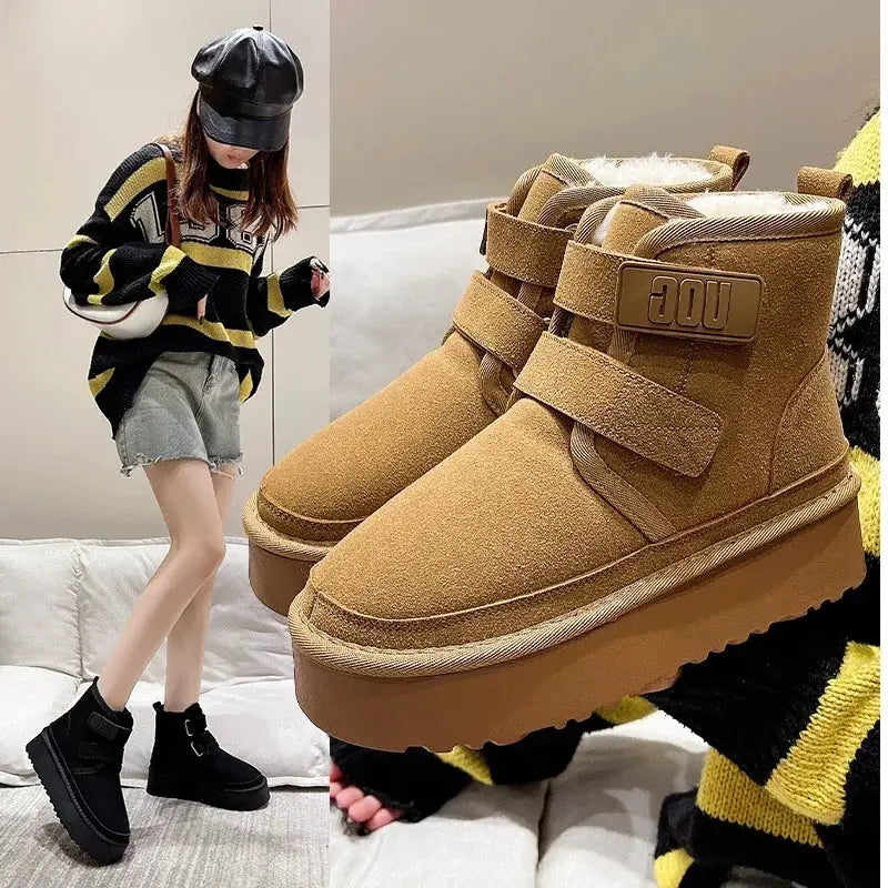 Winter Outdoor Women's Faux Cow Suede Plush Warm Shoes Fashion Snow Boots Girls Flat Platform Booties Casual Thick Sole Sneakers dermacollagene.com