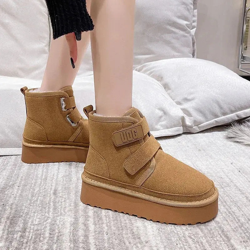 Winter Outdoor Women's Faux Cow Suede Plush Warm Shoes Fashion Snow Boots Girls Flat Platform Booties Casual Thick Sole Sneakers dermacollagene.com