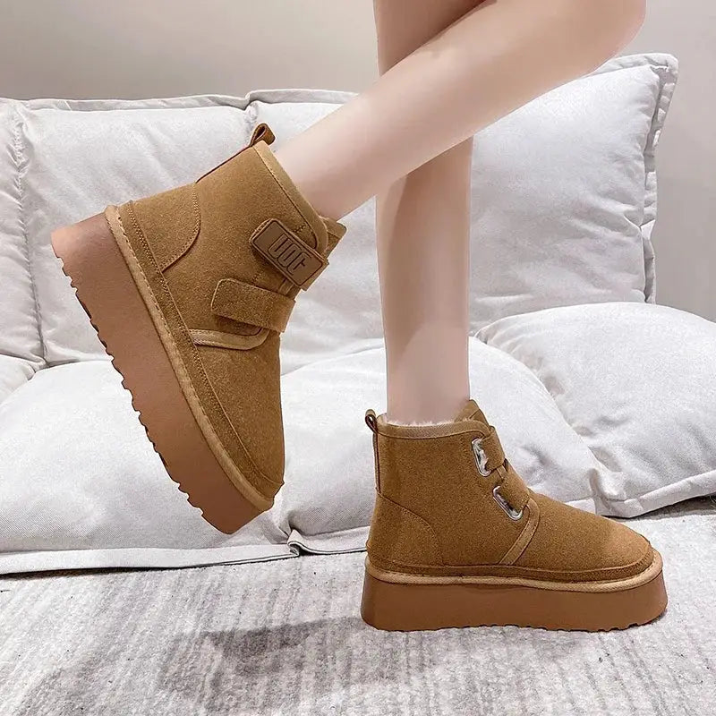 Winter Outdoor Women's Faux Cow Suede Plush Warm Shoes Fashion Snow Boots Girls Flat Platform Booties Casual Thick Sole Sneakers dermacollagene.com