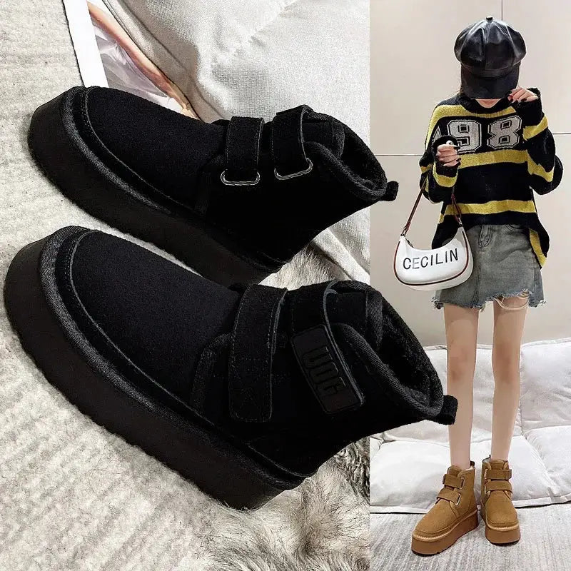 Winter Outdoor Women's Faux Cow Suede Plush Warm Shoes Fashion Snow Boots Girls Flat Platform Booties Casual Thick Sole Sneakers dermacollagene.com