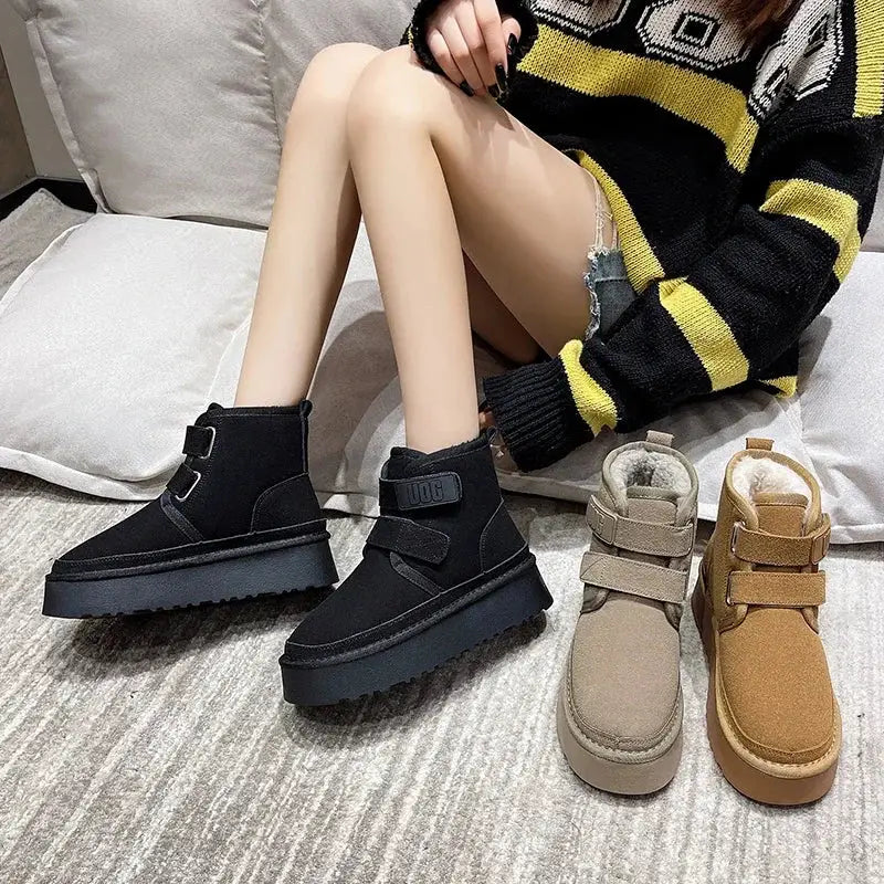 Winter Outdoor Women's Faux Cow Suede Plush Warm Shoes Fashion Snow Boots Girls Flat Platform Booties Casual Thick Sole Sneakers dermacollagene.com