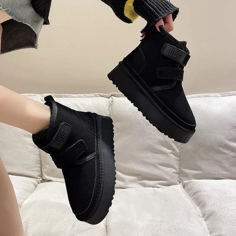 Winter Outdoor Women's Faux Cow Suede Plush Warm Shoes Fashion Snow Boots Girls Flat Platform Booties Casual Thick Sole Sneakers dermacollagene.com