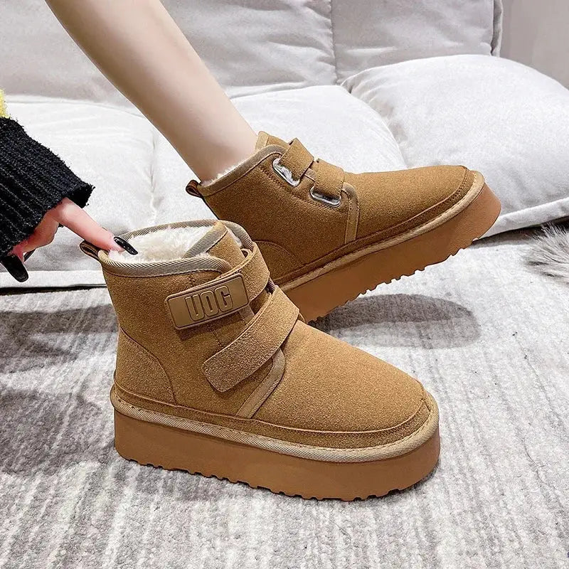 Winter Outdoor Women's Faux Cow Suede Plush Warm Shoes Fashion Snow Boots Girls Flat Platform Booties Casual Thick Sole Sneakers dermacollagene.com