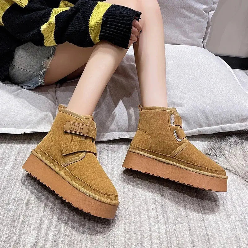 Winter Outdoor Women's Faux Cow Suede Plush Warm Shoes Fashion Snow Boots Girls Flat Platform Booties Casual Thick Sole Sneakers dermacollagene.com