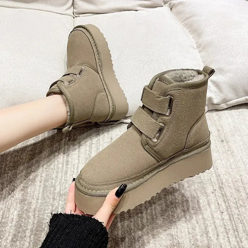 Winter Outdoor Women's Faux Cow Suede Plush Warm Shoes Fashion Snow Boots Girls Flat Platform Booties Casual Thick Sole Sneakers dermacollagene.com