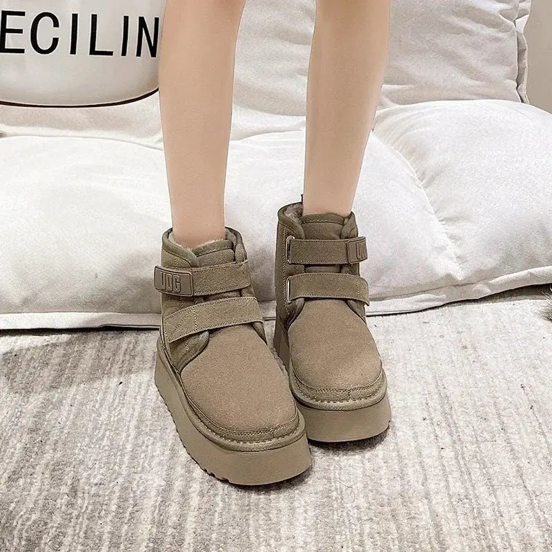 Winter Outdoor Women's Faux Cow Suede Plush Warm Shoes Fashion Snow Boots Girls Flat Platform Booties Casual Thick Sole Sneakers dermacollagene.com