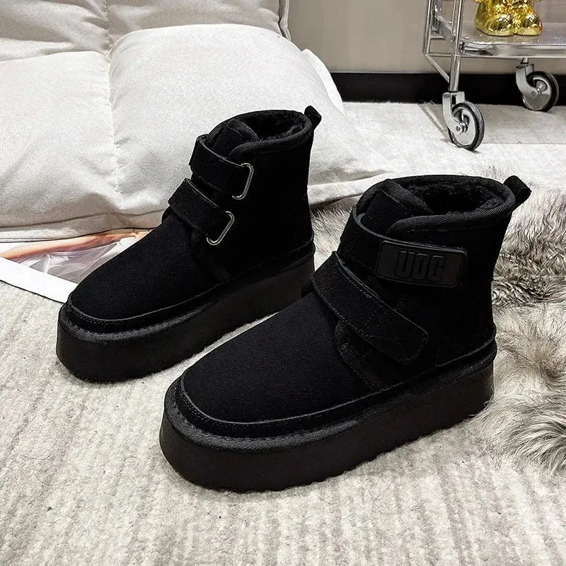 Winter Outdoor Women's Faux Cow Suede Plush Warm Shoes Fashion Snow Boots Girls Flat Platform Booties Casual Thick Sole Sneakers dermacollagene.com