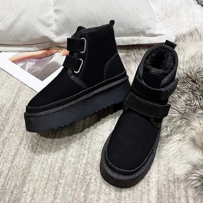 Winter Outdoor Women's Faux Cow Suede Plush Warm Shoes Fashion Snow Boots Girls Flat Platform Booties Casual Thick Sole Sneakers dermacollagene.com