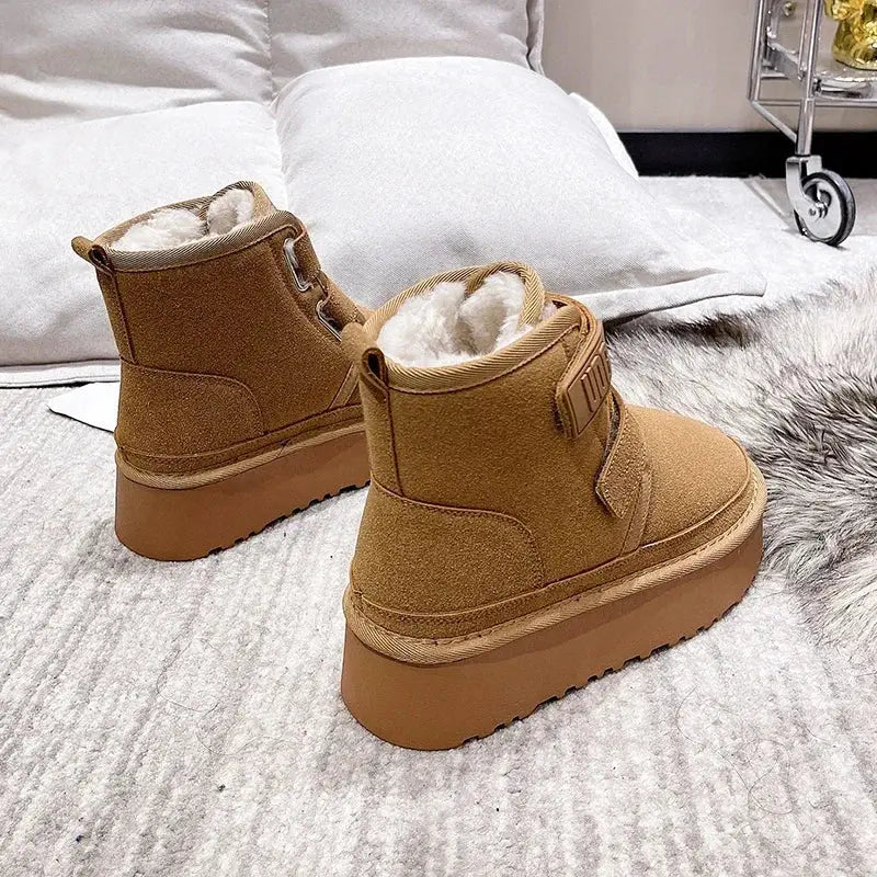 Winter Outdoor Women's Faux Cow Suede Plush Warm Shoes Fashion Snow Boots Girls Flat Platform Booties Casual Thick Sole Sneakers dermacollagene.com